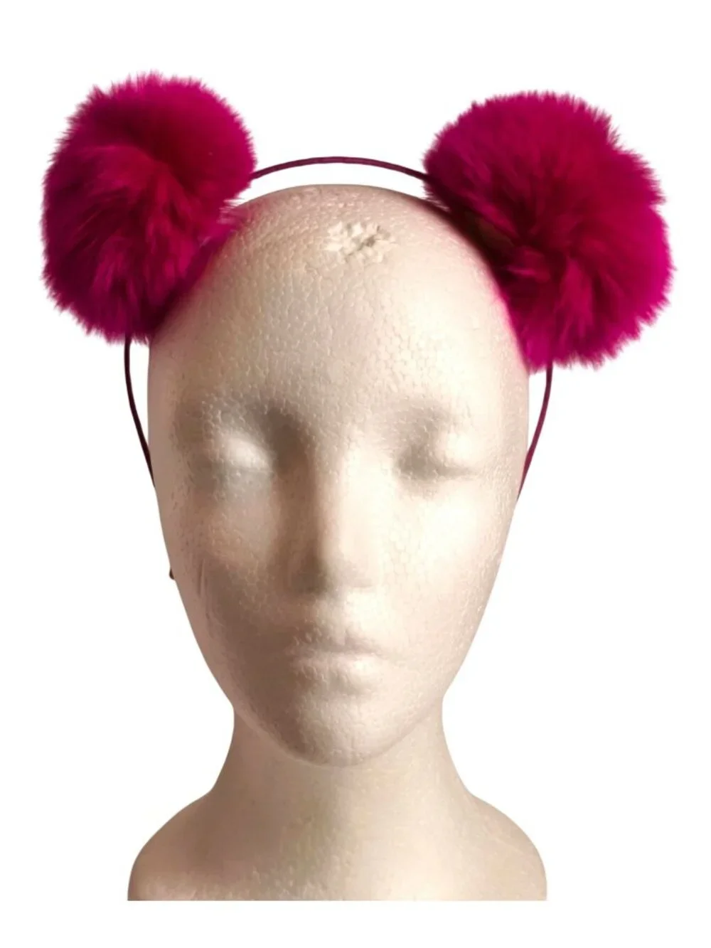 Girls Faux Fur Pom Pom Headband Fuchsia Pink Satin-Wrapped Band Fluffy Ears
